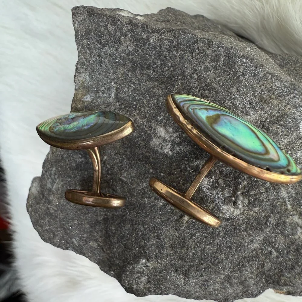 Antique Oval Abalone & Gold Tone Cuff Links Men's Victorian